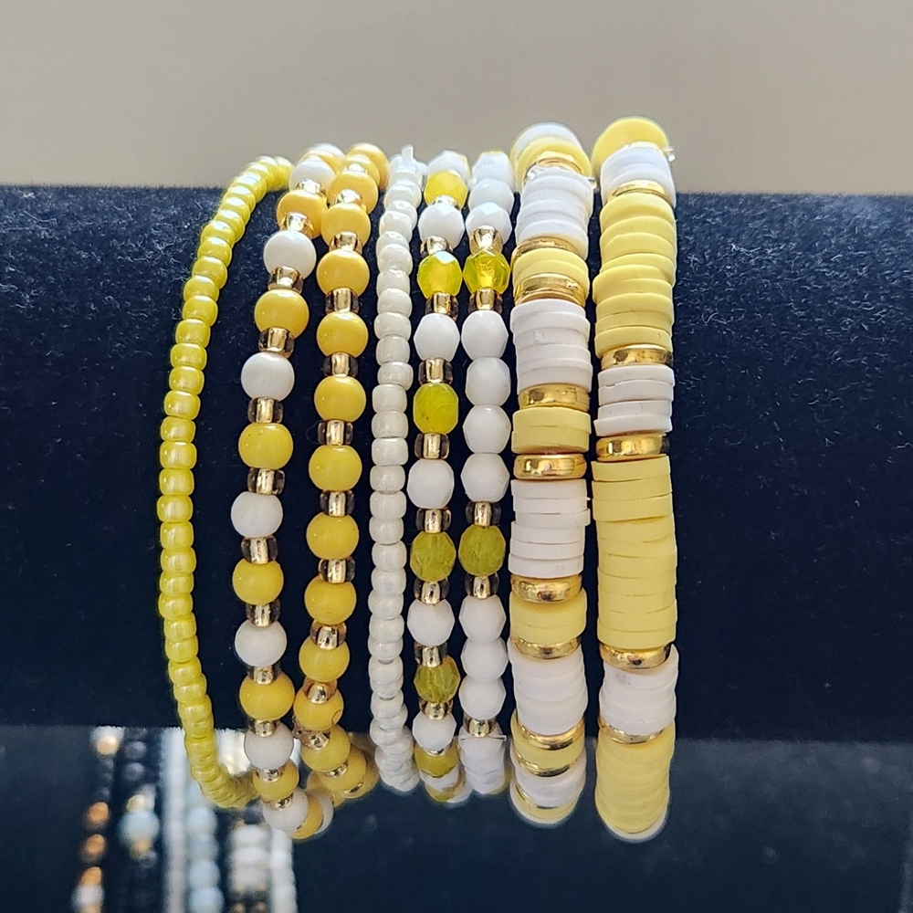 Yellow and White Beaded 8 Piece Bracelet Set